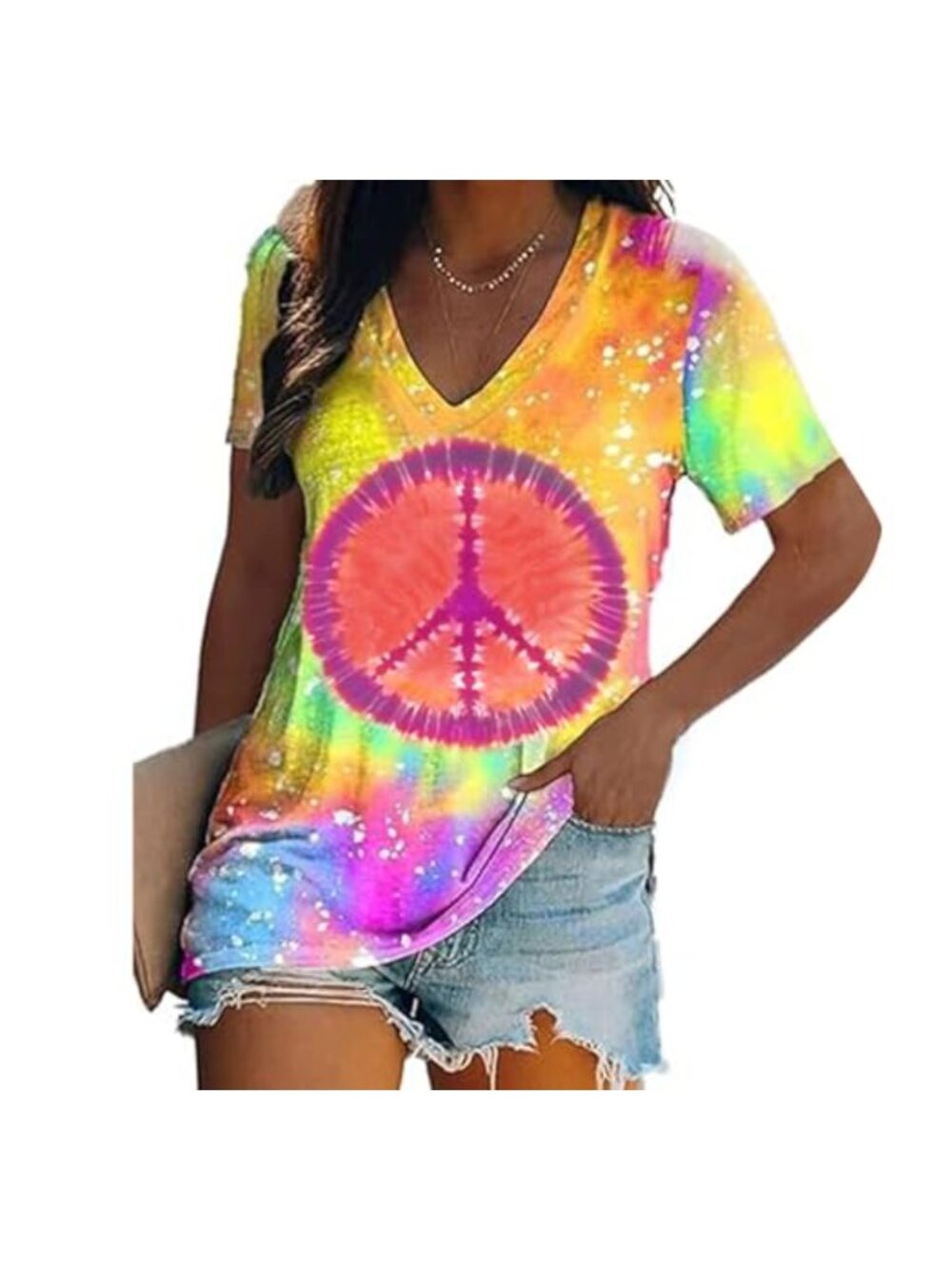 Women Tie Dye Peace Sign V-Neck Short Sleeve T-Shirt Retro 70s Festival Top